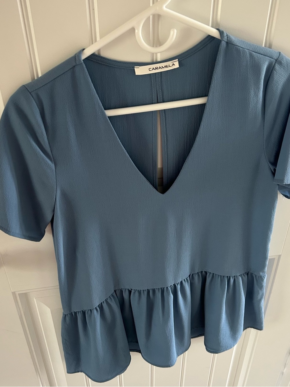Caramela Dusty Blue V-Neck Peplum Short Sleeve Top